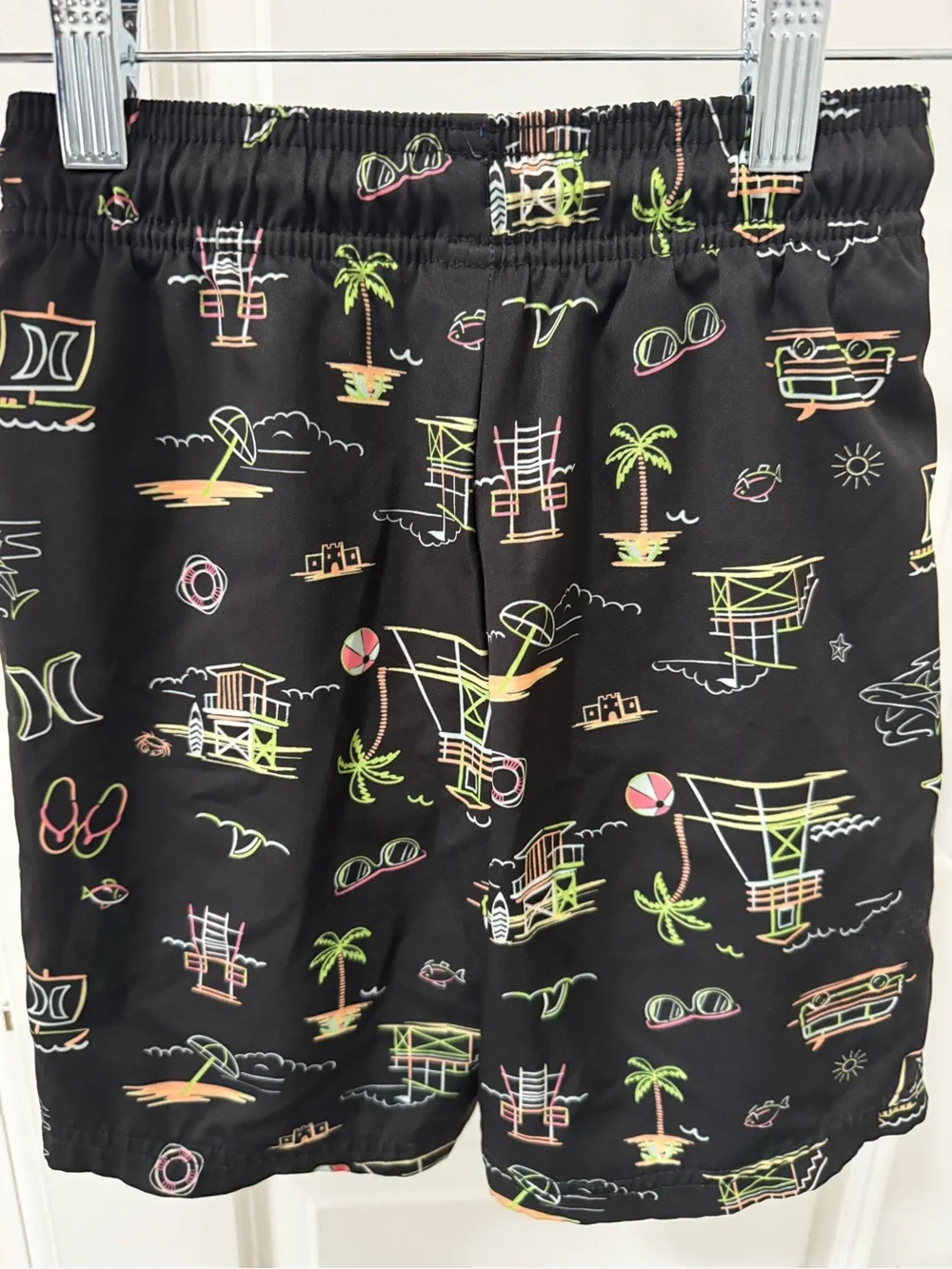 Boy’s Hurley Black Swim Shorts with Neon Lifeguard & Beach Print.